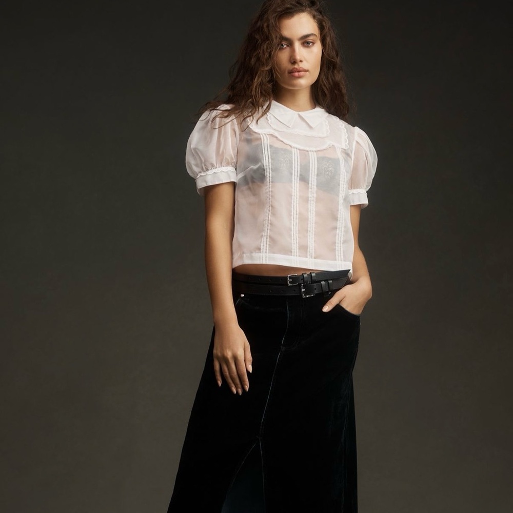 Maeve Short Sleeve Sheer Scalloped-Trim Blouse. - Picture 3 of 6